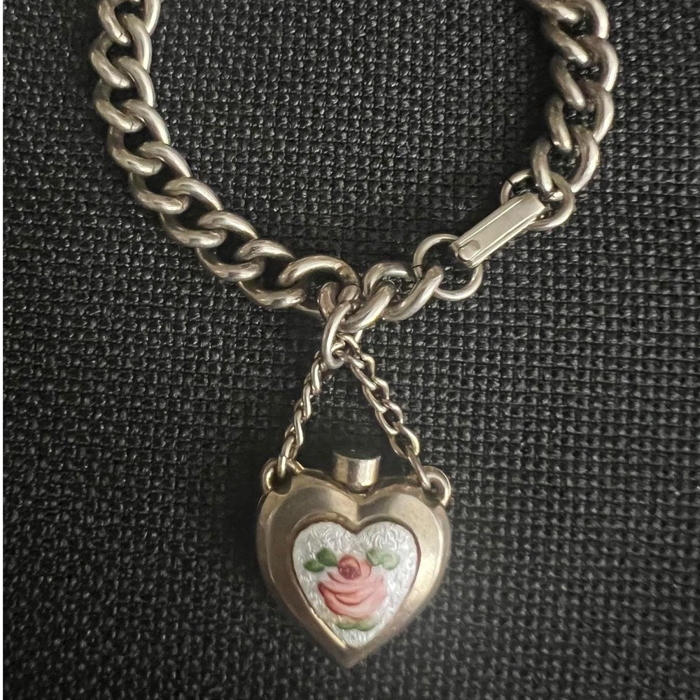 Vintage Rose Enamel Heart Perfume Bottle Charm Bracelet Silver Tone 7.5 In
